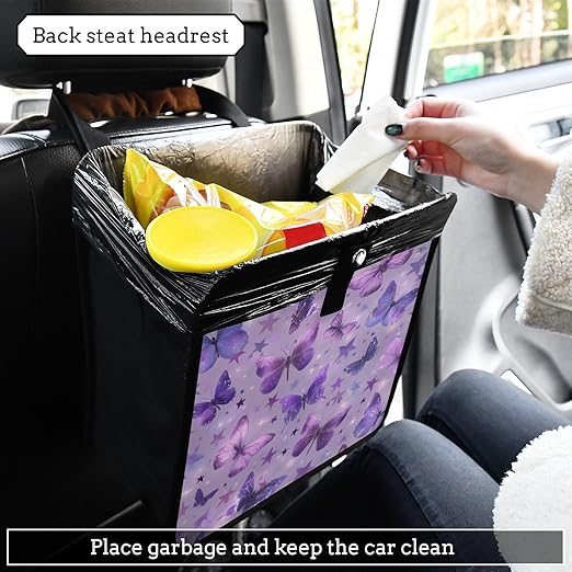 Car Trash Can Organizer Bin with Adjustable Strap for Back Front Seat Console Waterproof Leakproof Collapsible Portable 8.66 Inch Purple Dreamy Butterflies and Stars
