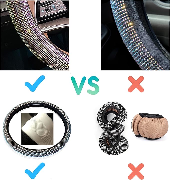 Car Bling Steering Wheel Cover for Women Girls 15 Inch Universal Colorful Crystal Rhinestone Diamond Rainbow Bling Accessories Anti Slip Wheel Protector Sparkling, Black