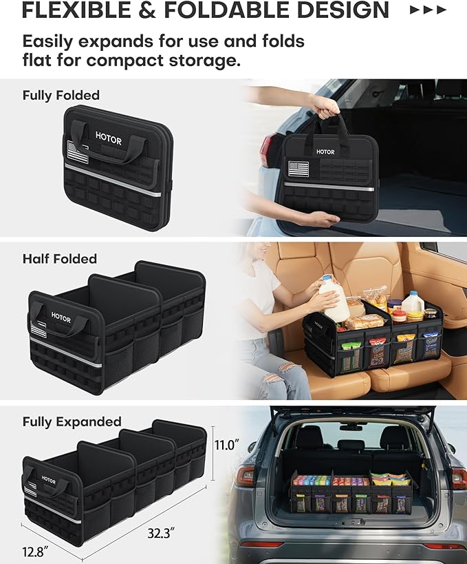 HOTOR Tactical Car Trunk Organizer - Foldable Trunk Organizer for SUV with Front MOLLE Pocket & Reflective Strips, Essential Car Accessories for Tools & Outdoor Storage, 12.8" x 32.3" x 11.0", Black