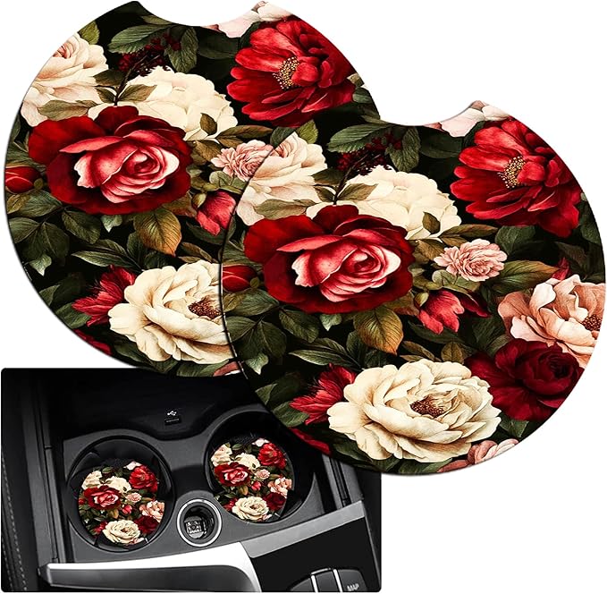 JANENFNA Car Armrest Cover Pads Universal Fashion Cute Auto Center Console Armrest Cover Pad with 2PCS Car Coasters Soft Waterproof Car Armrest Seat Protector for Women,Beautiful Roses Flowers