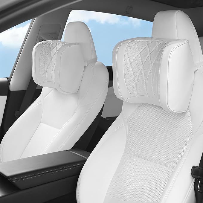 Dapucarin Car Headrest Pillow U-Shaped, Memory Foam Head Neck Support Cushion for Driving, Leather Head Rest Travel Pillows for Sleeping, Breathable Removable Cover, White, 2 Pack