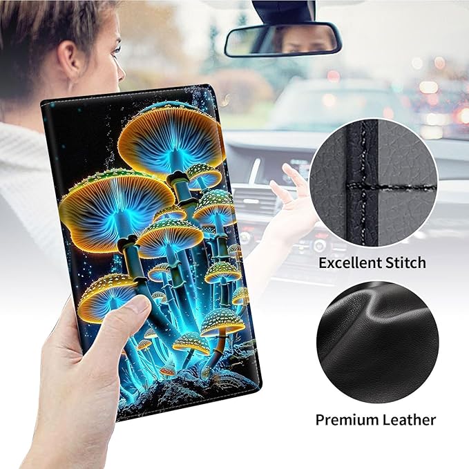 Qindaiwen Car Registration and Insurance Holder, Vehicle Card Document Elastic Band Closure Glove Box Organizer, Driver License Cards, Car Accessories for Essential Info, Shine Mushroom