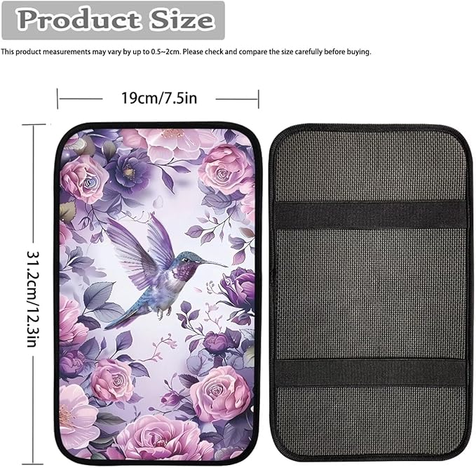 Hummingbird Purple Floral Print Auto Center Console Cover Arm Rest Cover for SUV Truck,Soft Car Arm Rest Cover Universal Fit