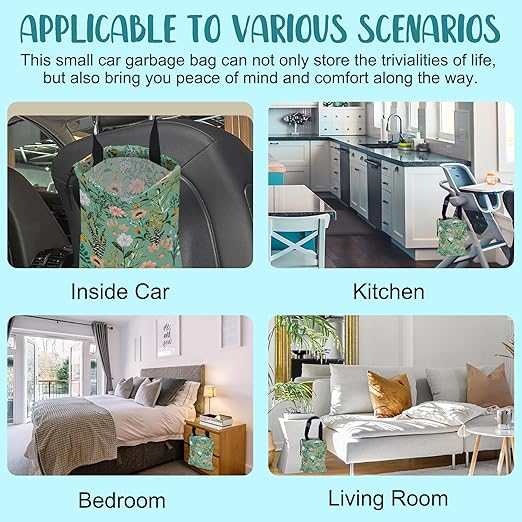 KXWQTRDD Car Garbage Bag Blooming Floral and Leaves Drawstring Car Trash Bag Hanging for Back Seat with Adjustable Buckle Canvas Vehicle Trash Can Easy-to-Install