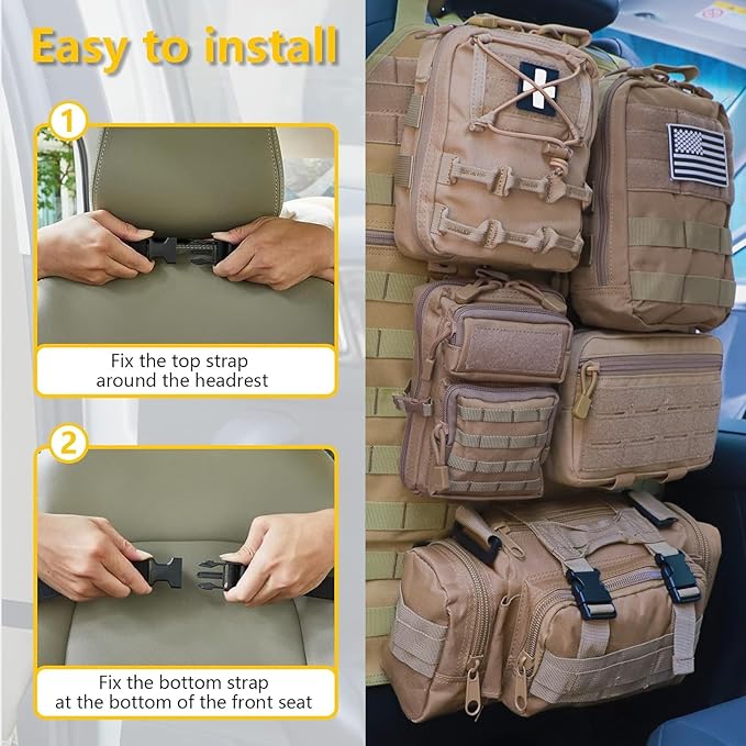 Universal Tactical Car Seat Back Organizer Bag Tactical Molle Vehicle Organizers Panel Vehicle Protector Organizers with 5 Detachable Pouches for Car Truck Ford Jeep (Model B-Khaki)