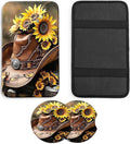 JANENFNA Car Armrest Cover Pads Universal Fashion Cute Auto Center Console Armrest Cover Pad with 2PCS Car Coasters Soft Waterproof Car Armrest Seat Protector for Women,Cowboy Hat Sunflowers-A
