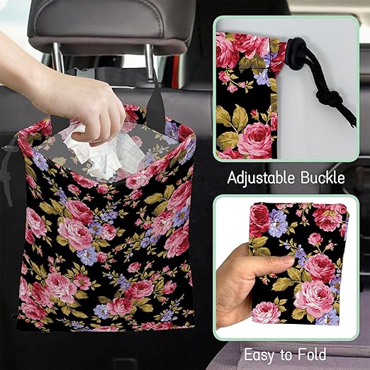 NHNXHWIA Pink Roses Car Garbage Bag,Hibiscus Waterproof Small Car Trash Bag Hanging Back of Seat,Drawstring Hanging Car Trash Bag with Adjustable Buckle for Car Accessories