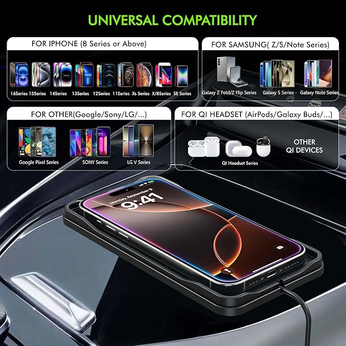 Wireless Car Charger Pad, LANSEMKU 15W Fast Wireless Charging Pad for Car, Non-Slip Smart Safe Phone Charger Mat with 20W Car Adapter, Compatible with iPhone 16 15 14 13 12 Pro Max AirPods, 30CM Cable