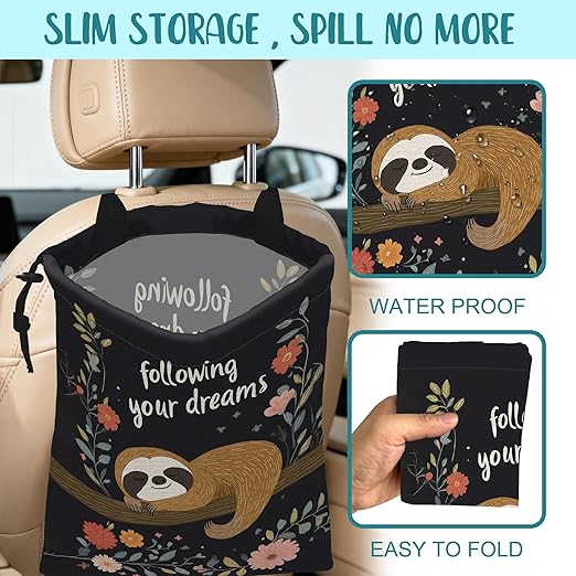 KXWQTRDD Car Garbage Bag Cute Brown Sloth and Floral Hanging Canvas Car Trash Bag Drawstring Car Back Seat Organizer for Car Back Front Seat Console with Adjustable Buckle