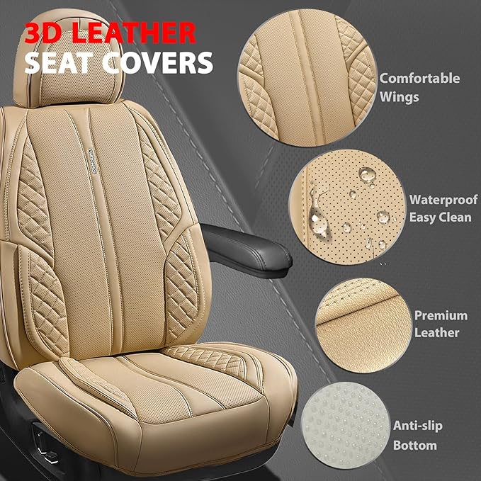 CAR PASS Nappa Leather Car Seat Covers Full Set Waterproof Protector Durable Cushioned,Universal Fit for Sedan SUV Pick-up Truck,Automotive, Anti-Slip and Backseat Luxury Premium (Light Beige)