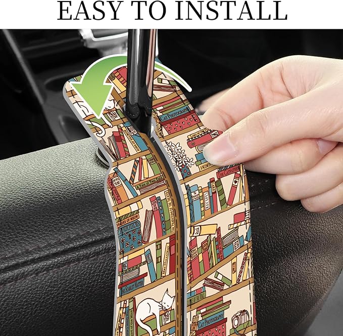 AXRQLSU PU Leather Car Seat Hook, Storage Headrest Hanger, Cute Car Backseat Organizer, Car Hooks For Purses and Bags Vintage Bookshelf Pattern