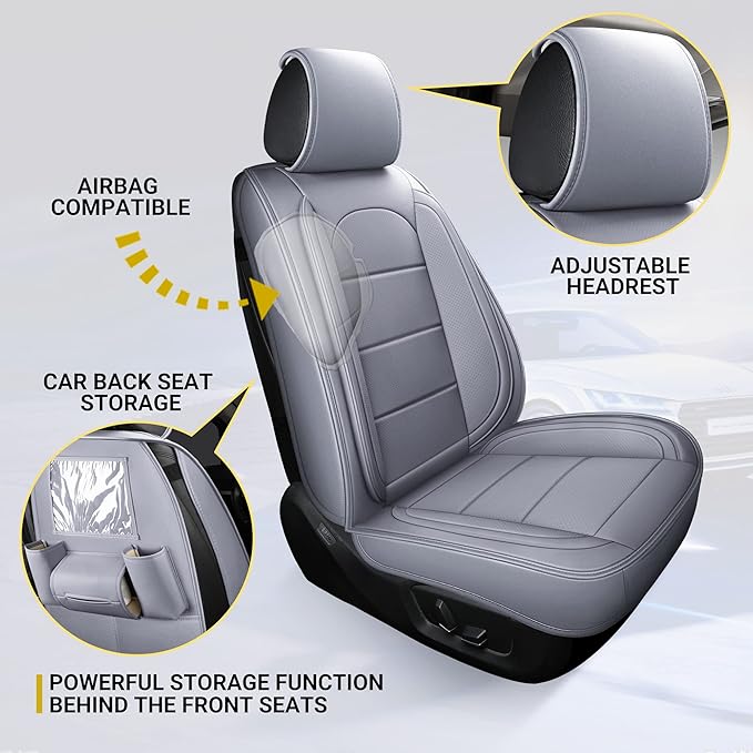 AOOG Leather Car Seat Covers with Car Backseat Organizer, Universal fit Automotive Vehicle Most Sedan SUV Pick-up Truck (Full Set, Grey)