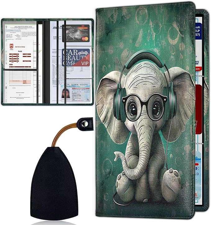 Car Registration and Insurance Card Holder for Women Men, Waterproof PU Leather Glove Box Car Organizer with Magnetic Shut, Vehicle Document Holder for Driver License,Cards, Cool Elephant Pattern