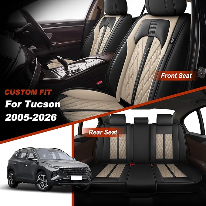 TTX LIGHTING Seat Covers Fit for Hyundai Tucson 2005-2026 Seat Covers Full Set Car Seat Covers Faux Leather Breathable Waterproof Car Seat Protector (5 Seats, Black&Beige)