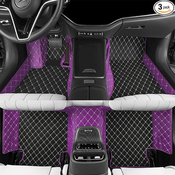 Custom Car Floor Mats Fit 96% Car Model Luxury Leather Waterproof Anti-Skid Full Coverage Liner Front Rear Mat/Set (Black Purple)