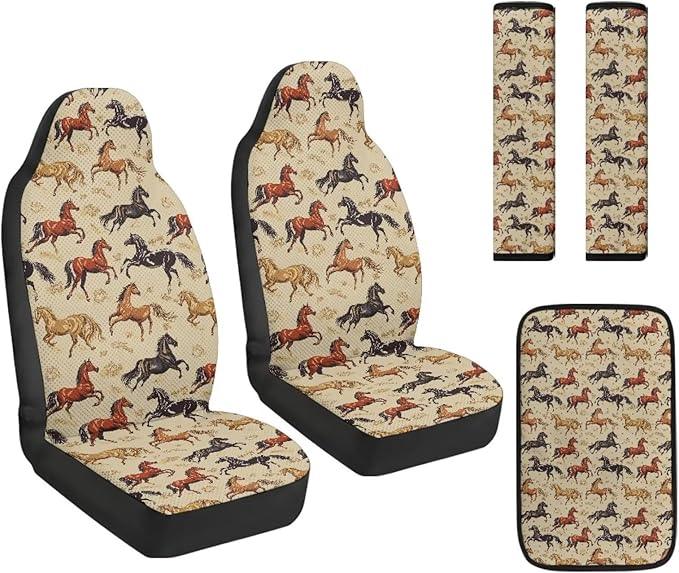 FUSURIRE Universal Horse Print Car Interior Accessory Set 5Pcs PU Front Seat Covers, Seat Belt Covers & Center Armrest PadFit for SUV Truck Van Year Round Use