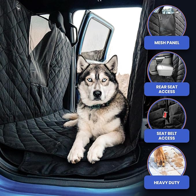 4Knines Dog Floor Hammock for Truck & Crew Cab with Fold Up Seats – Back Seat Pet Cover for Dogs – Compatible with Ford F-150, GMC, Chevrolet, Toyota Full Size Trucks (Passenger Side Split, Black)