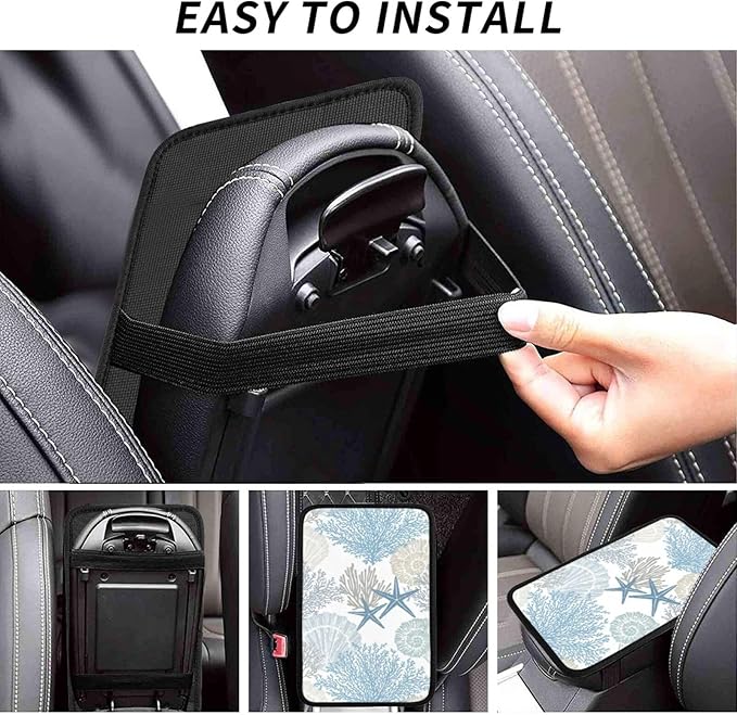 Nautical Coastal Center Console Cover Pad, Starfish Seashell Coral Car Armrest Seat Box Cover Cushion Universal for Most Vehicle SUV Truck, Car Interior Accessories Decor, Protect from Pet Claws
