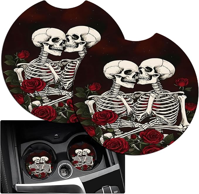 JANENFNA Car Armrest Cover Pads Universal Fashion Cute Auto Center Console Armrest Cover Pad with 2PCS Car Coasters Soft Waterproof Car Armrest Seat Protector for Women,Skulls Roses