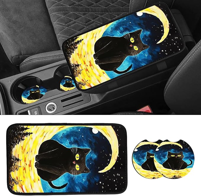 JANENFNA Car Armrest Cover Pads Universal Fashion Cute Auto Center Console Armrest Cover Pad with 2PCS Car Coasters Soft Waterproof Car Armrest Seat Protector for Women,Moon Cat