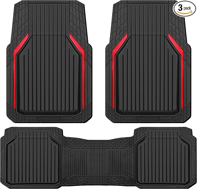 CAR PASS Heavy Duty Rubber Floor Mats for Car, Waterproof Liner Deep Dish Car Mats Full Sets, Universal Trim to Fit for SUV Truck Sedans Vans, All Weather Automotive Floor Mats 3pcs, Black Red
