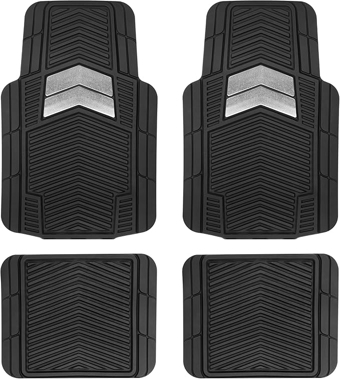 MotorTrend FlexTough Shield Black & Silver All-Weather Floor Mats for Car Truck SUV, Heavy Duty Waterproof Rubber Car Mats, Trim to Fit Car Accessories, Interior Protection Front Rear Floor Liners