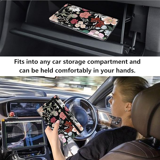Qindaiwen Car Registration and Insurance Holder, Vehicle Card Document Elastic Band Closure Glove Box Organizer, Driver License Cards, Car Accessories for Essential Info, Flower Pattern 02