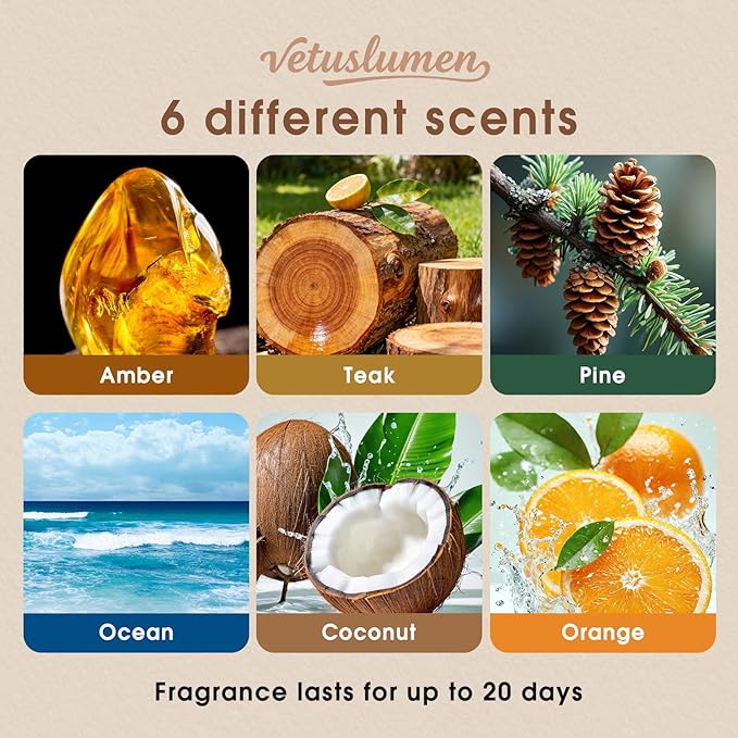 Vetuslumen Car Air Freshener - 3 Pack (Amber-Teak-Pine) Wooden Air Freshener, Natural Essential Oil Scents - Metal Clip Included