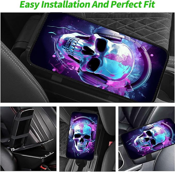 JANENFNA Car Armrest Cover Pads Universal Fashion Cute Auto Center Console Armrest Cover Pad with 2PCS Car Coasters Soft Waterproof Car Armrest Seat Protector for Women,Headphone Skull