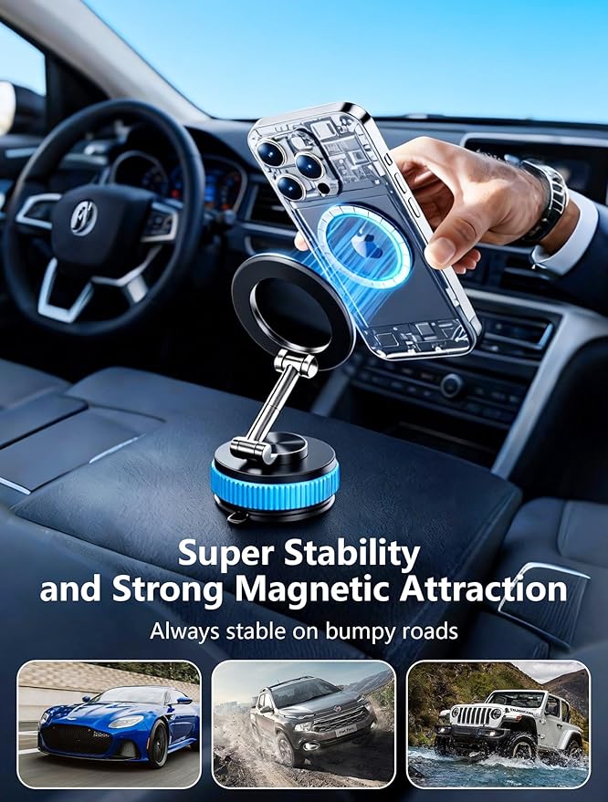 AOLIJIA Magnetic Phone Holder car，Metal Body Durable and Solid,Vacuum Suction Cup Phone Holder, Magsafe Car Mount for iPhone, Folding Holder for iPhone and Android