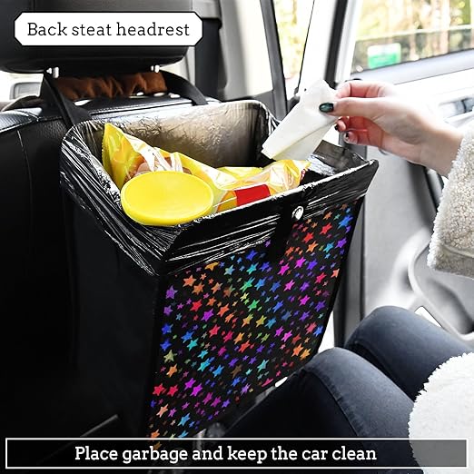 Car Trash Can Organizer Bin with Adjustable Strap for Back Front Seat Console Waterproof Leakproof Collapsible Portable 11 Inch Vibrant Rainbow Stars