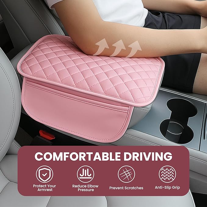 DSCARCovers Upgraded Car Center Console Cover Pink,Microfiber Leather Car Armrest Cover Cushion with 2 Storage Bags,Universal Car Armrest Storage Box Car Interior Accessories for Most Vehicles (Pink)