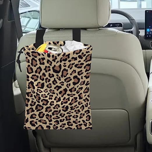 ghatobty Car Trash Bag Hanging Brown Leopard Print Car Trash Can Waterproof Garbage Bag Hanging for Car Back Seat