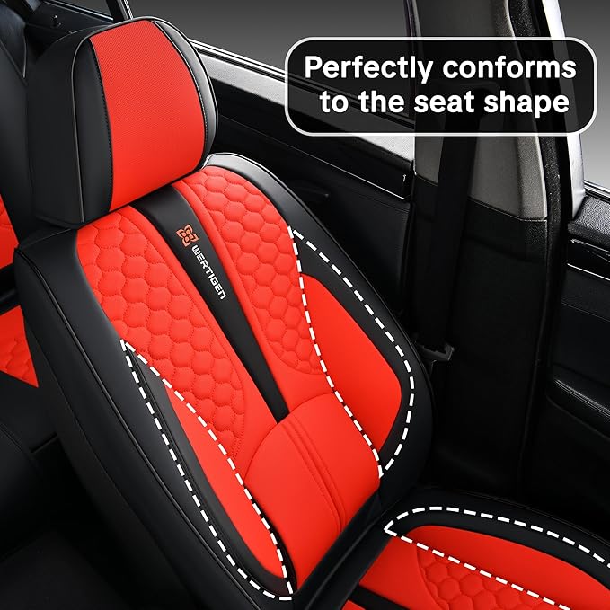 Wertigen Red Car Seat Covers Full Set – Luxury Waterproof Leather Auto Seat Protector with Airbag Compatible Design, Breathable Non-Slip Cushion, Easy Installation, Fits Most Cars