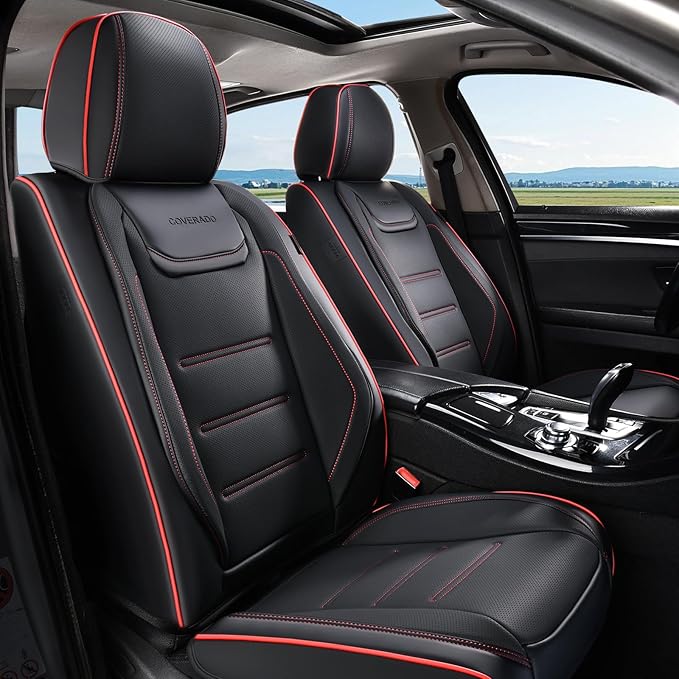 Coverado Car Seat Covers, Front Covers for Cars, Car Seat Cover Front Seats, Car Seat Protector Waterproof, Leather Cushion, Universal Interior Covers Seat Protectors for Most Cars Black-Redline