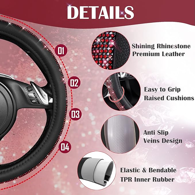 CAR PASS Red Diamond Black Leather Steering Wheel Cover, with Bling Crystal Rhinestones Universal Fit 14" 1/2-15" Crystal Glitter for Women Sparkle Girl Fit Suvs,Vans,Sedans,Cars,Trucks, Red Diamond