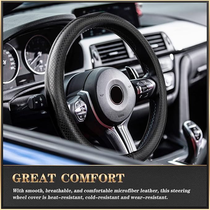 K KNODEL Universal Fit Steering Wheel Cover, Microfiber Leather Car Steering Wheel Cover, Anti-Slip Car Wheel Protector, 15 Inch (Black)