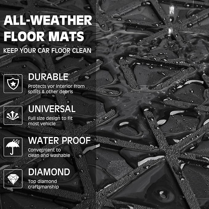 CAR PASS Bling Diamond Car Mats Rubber Floor Mats Full Set Anti-Slip 3D Rhombus Waterproof Trim Fit Liner Universal Glitter Crystal Sparkly Shining Rhinestone Girl Women SUV Sedan, Multicolor Diamond