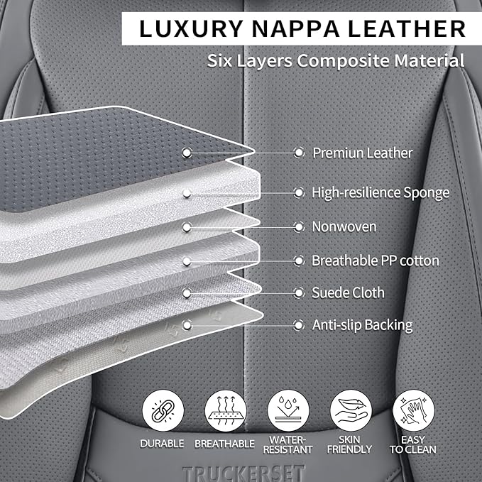 truckerset Car Seat Covers Full Set,Leather Waterproof Car Seat Cover,Airbag Compatible,Breathable Design,Suitable for Car,Truck,SUV 5 Pack (Grey)