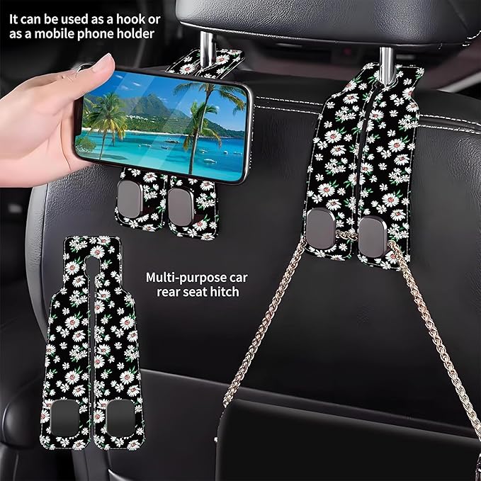 AEWNUNK Purse Hook for Car Little White Daisy Flowers 1 Pack Headrest Back Seat Hook Premium Leather Double Metal Hanger Storage Pack Bag Purse Holder Car Interior Accessories