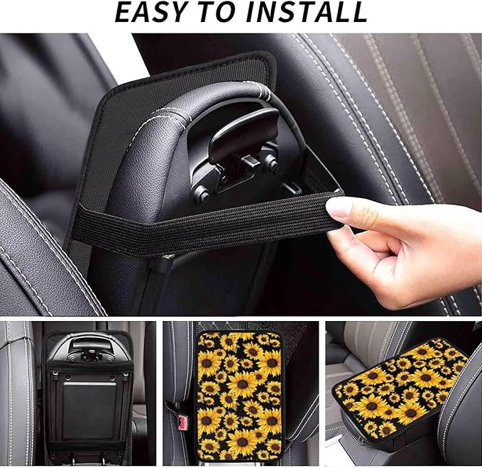 Sunflower Flower Center Console Cover Yellow Floral Armrest Cushion Protector for Cars Sedans Vans Truck Vehicles, SUV Interior Accessories