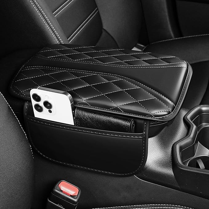 Car Center Console Cover Fit for Subaru Forester Leather Car Armrest Cover Cushion with 2 Pockets(Black)