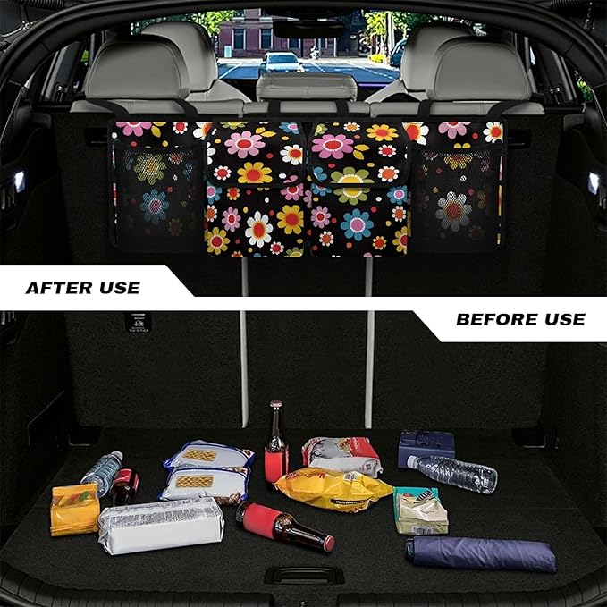 Trunk Organizer for Car Storage Organizer with 4 Pockets, Space-Saving Trunk Storage Organizer with 2 Pockets & 2 Mesh Pouches for Groceries, Hippie Floral Car Accessories for Women