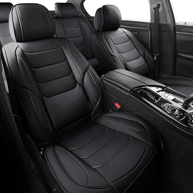 hoozoom Leather Car Seat Covers Waterproof Front Seat Covers Breathable Seat Protectors Universal Fit for Most Automotive Cars SUV Van Trucks (Black,Front Pair)