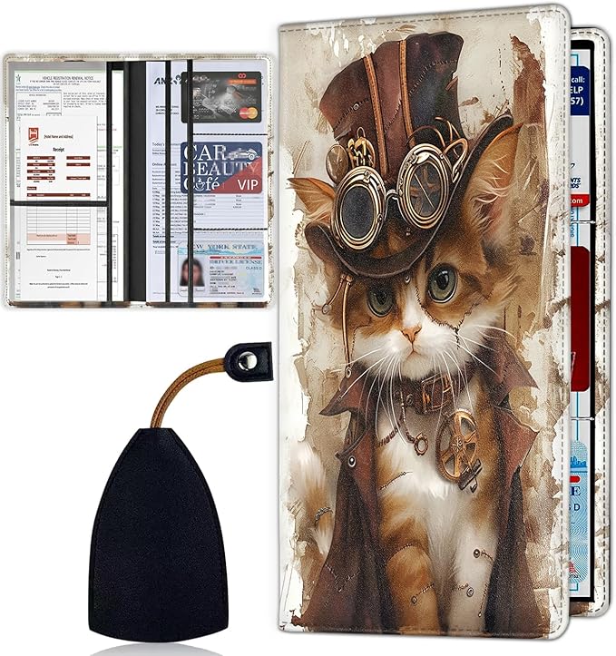 Car Registration Holder, Waterproof PU Leather Vehicle Card Document Glove Box Organizer, Women Interior Auto Accessories Case for Cards, Driver License Car Insurance Holder, Steampunk Cat Pattern