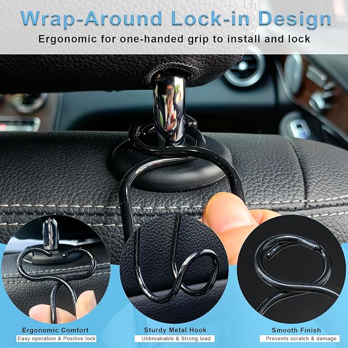Car Hook for Purses and Bags 4 Pack Headrest Hangers for Backseat Storage Hard Hat Hanging Holder for Truck Car Stuff for Women Automotive Necessities Accessories New Driver Gifts (4 * Small Size)