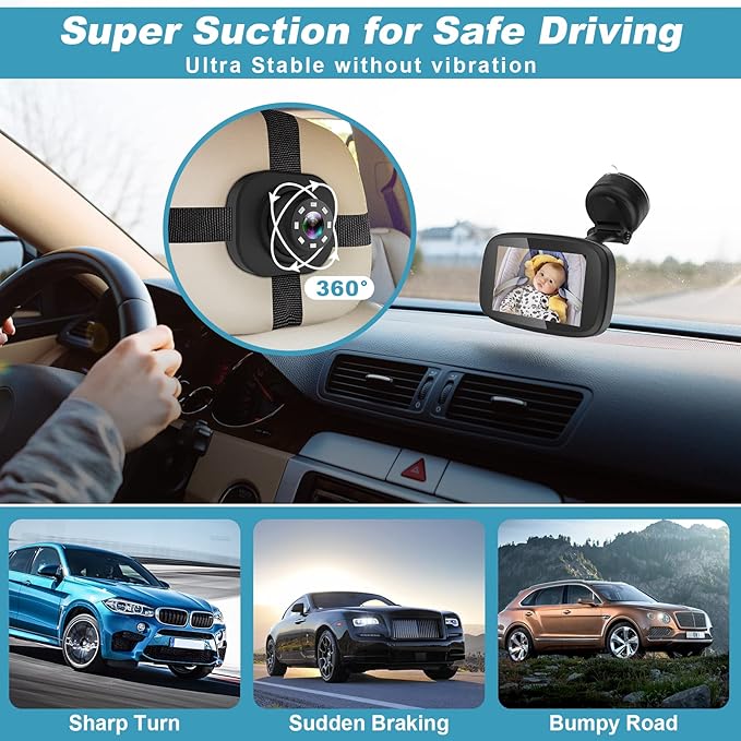 Shybaby 1080P Baby Car Mirror, 4.3" Baby Car Camera Monitor with 170° Wide View, HD Night Vision Function and Reusable Sucker Bracket, Safety Rear Facing Cars Set Camera for Infants Kids Toddlers