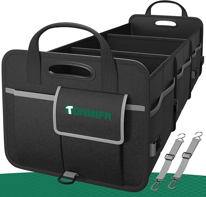 Tonmifr Heavy-Duty Trunk Organizer & Multi-Compartment Storage Box for SUV/Sedan/Minivan,600D Waterproof Oxford,2 Securing Hooks & Reflective Strips-Large Capacity Organiser(92L)