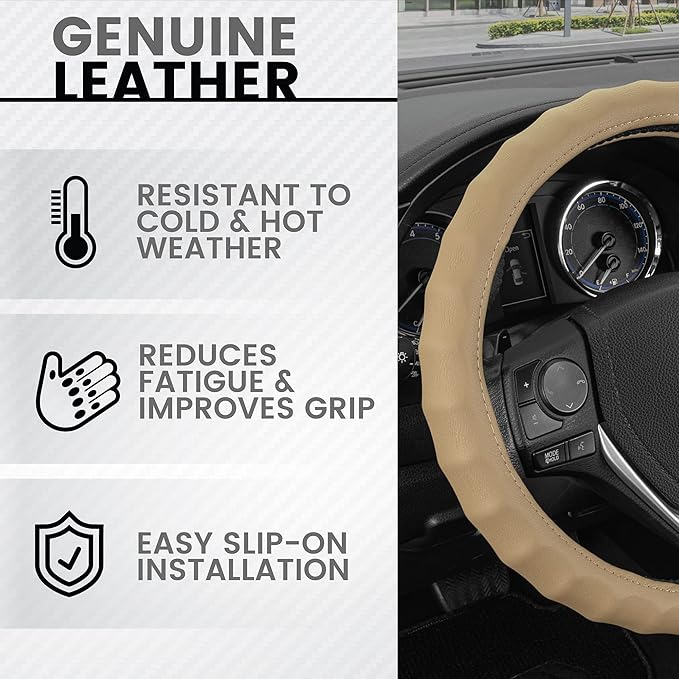 BDK Genuine Leather Car Steering Wheel Cover Small Size 13.5 to 14 Inch Beige -, Easy Installation