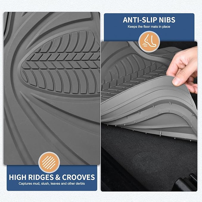 FLORICH Car Floor Mats, Waterproof Universal Heavy-Duty 4 Pieces Rubber Floor Mats for Cars, Full Set Car Mats with Anti-Slip Backing Fit for Most SUV, Vans,Trucks, Sedan(Grey)